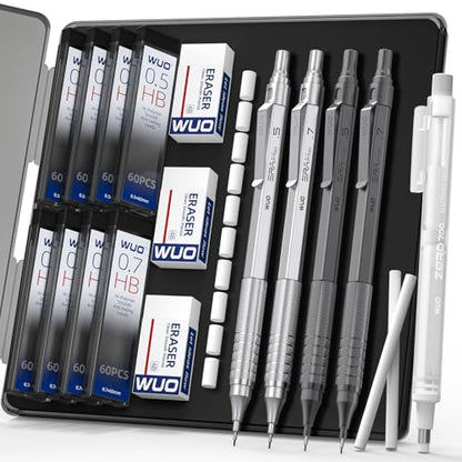 WUO Mechanical Pencil Set, 4 Pack 0.5mm & 0.7mm Metal Drafting Pencils | Mechanical pencils with 480 HB leads, eraser pen, 4B erasers, case for technical drawing, sketching, writing & school - color: Silver+Grey