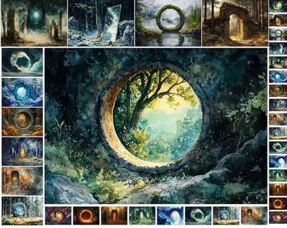 Decoupage Paper Pack (35 Sheets 6"x8") Ancient Portal Realms ~ Mystical Gateways of Stone, Flame, Light, and Shadow—Transporting viewers Through Fantasy Worlds Painted in Rich Magical Detail - color: Seven