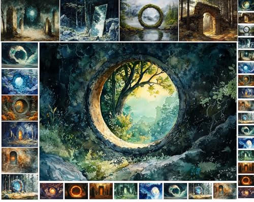 Decoupage Paper Pack (35 Sheets 6"x8") Ancient Portal Realms ~ Mystical Gateways of Stone, Flame, Light, and Shadow—Transporting viewers Through Fantasy Worlds Painted in Rich Magical Detail - color: Seven