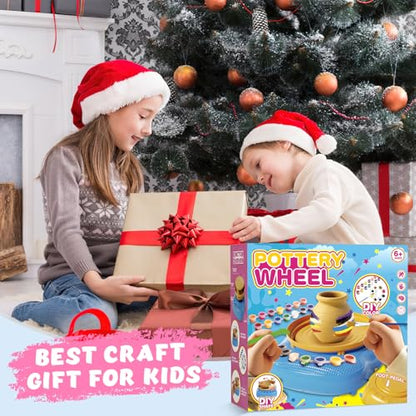 Pottery Wheel for Kids with Air Dry Clay Kit, 12 Paints & Tools, Ages 6-12 | No kiln needed: shape on the electric wheel, air-dry & paint. Gentle beginner speed; kit adds 3 clay packs, tools & apron - color: rose