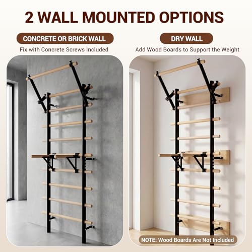 GMWD Swedish Ladder, Stall Bar, Suspension Trainer with Pull-Up Bar and Dip Bar Attachments, Wooden Stall Bar with 9 Strategic Rods for Core Strengthening and Stretching Balanced for Body Exercises