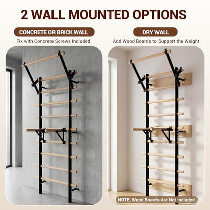 GMWD Swedish Ladder, Stall Bar, Suspension Trainer with Pull-Up Bar and Dip Bar Attachments, Wooden Stall Bar with 9 Strategic Rods for Core Strengthening and Stretching Balanced for Body Exercises