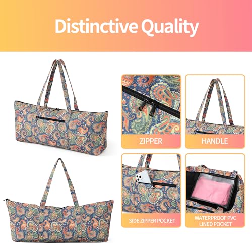 Boulder Bee | Yoga Mat Bag | Large Yoga Mat Carrier with Wet Pocket | Yoga Gifts | Gym Tote Bag for Women - color: Tote-Orange Cashew Flower