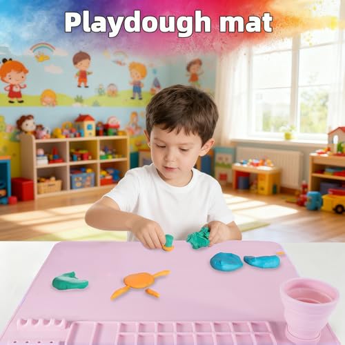 Silicone Painting Mat, 20"X16" Craft Mat,Large Art Mat Clay Mats | Paintbrush Holder, Nonslip Color Dividers Silicone Mats with Built in Cup for Painting, Table, Resin and DIY Pink - color: Pink