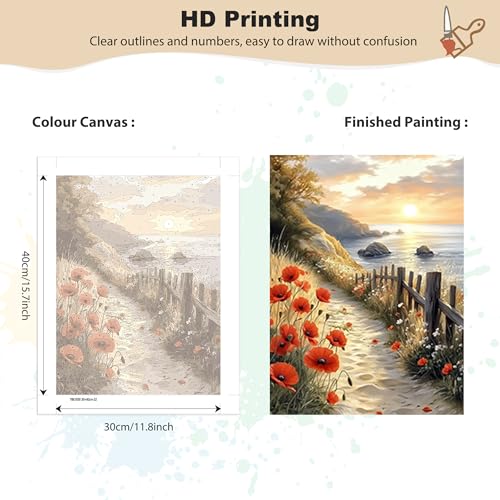 EOBROMD Framed Paint by Numbers Kits for Adults Landscape, Flower DIY Acrylic Paint by Number on Stretched Canvas, Painting Kits Adults Oil Paint by Numbers for Home Decor 12x16inch