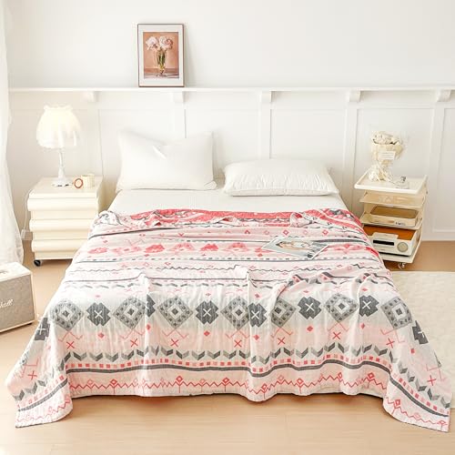 MEJU Boho Indian Pink Gray Retro Southwest Muslin Reversible Blanket for Bed Sofa Couch 100% Combed Cotton 3 Layer Soft Warm Bedspread Throw Blanket Bed Coverlet Twin 60 in x 80 in - color: Boho Pink, size: Twin 60 in x 80 in