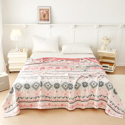 MEJU Boho Indian Pink Gray Retro Southwest Muslin Reversible Blanket for Bed Sofa Couch 100% Combed Cotton 3 Layer Soft Warm Bedspread Throw Blanket Bed Coverlet Twin 60 in x 80 in - color: Boho Pink, size: Twin 60 in x 80 in