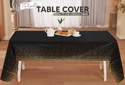 Utopia Kitchen Plastic Table Cloth Disposable (12 Pack - 54x108 Inch) Black Gold Dots Rectangle Tablecloth Waterproof Stain Resistant Party Table Cover - color: Black Gold Dots, size: 54X108 Inch - 12PC