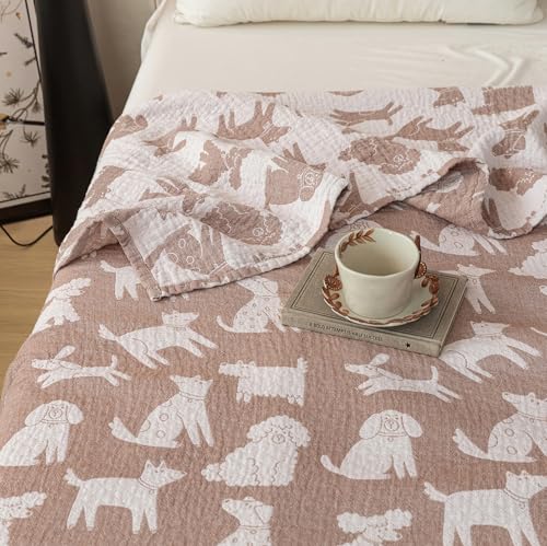 MEJU Dogs Puppy Brown Kids Muslin Lightweight Blanket for Bed Sofa Couch 100% Combed Cotton 3 Layer Soft Warm Reversible Throw Blanket Bedspread Bed Coverlet (Animals, F/Q 80 in x 90 in) - color: Animals, size: F/Q 80 in x 90 in