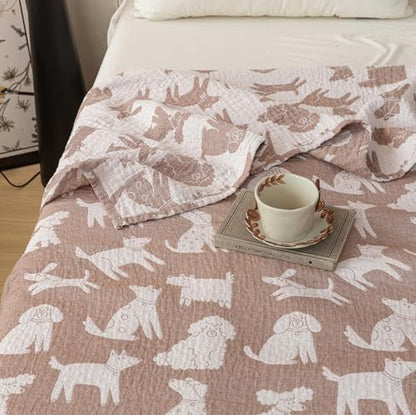 MEJU Dogs Puppy Brown Kids Muslin Lightweight Blanket for Bed Sofa Couch 100% Combed Cotton 3 Layer Soft Warm Reversible Throw Blanket Bedspread Bed Coverlet (Animals, F/Q 80 in x 90 in) - color: Animals, size: F/Q 80 in x 90 in