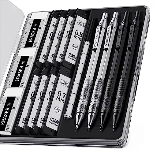 4PCS Metal Mechanical Pencil Set, 0.5mm+0.7mm, Storage Case, Black＆Silver | 480 Lead Refills, 3 Erasers, 9 Eraser Refills, Smooth Writing, Anti Grip, for Sketching, Technical Drawing, Art Projects - color: Silver+Black (4PCS)