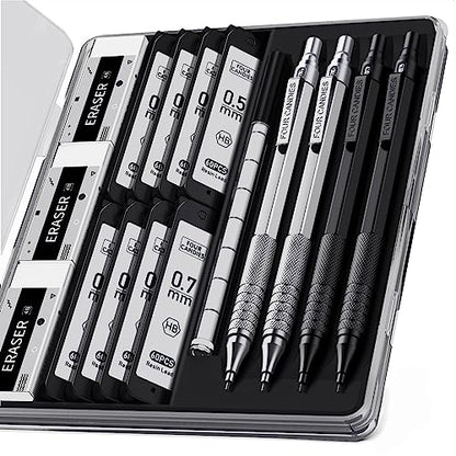 4PCS Metal Mechanical Pencil Set, 0.5mm+0.7mm, Storage Case, Black＆Silver | 480 Lead Refills, 3 Erasers, 9 Eraser Refills, Smooth Writing, Anti Grip, for Sketching, Technical Drawing, Art Projects - color: Silver+Black (4PCS)