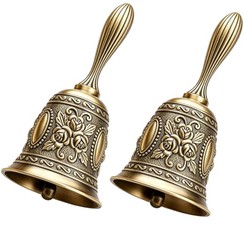 Vintage Brass Hand Bell,Dinner Bell,Embossed Metal Call Bell,2 Pack Small Retro Decorative Bells for Meditation, Home Kitchen Table Service Bell - color: Vintage Brass, size: 2-PACK