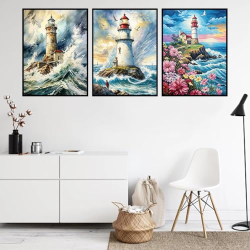 3 Pack Lighthouse Diamond Art Kit for Adults 12x16inch Coastal Scenes | Diamond Painting Kits for Adults-5D DIY Full Round Drill Diamonds Gem Art Set for Home Wall Decor - color: Lighthouse