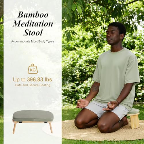 Meditation Bench Foldable & Ergonomic, Kneeling Meditation Stool with 5° Forward Tilt & 400lbs Capacity, Bamboo Meditation Stool with Detachable Velvet Cushion forYoga Prayer (Green) - color: Green