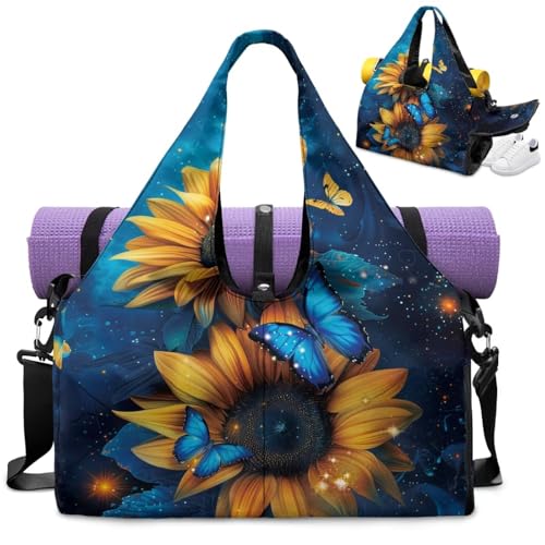 Yoga Mat Bag for Men Women Canvas Yoga Mat Carrier Take In Out Mat Easily for Beach Swim Bags Pool Sports Gym - color: Blue Butterfly