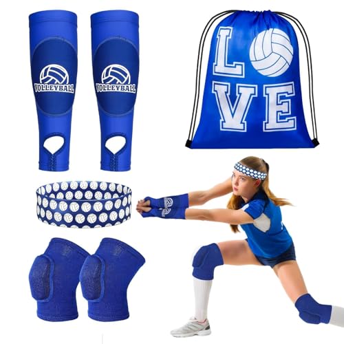 6 Pcs Volleyball Accessories Volleyball Knee Pads Arm Sleeves Drawstring Bag Softball Headbands Volleyball Training and Games Protection Equipment - color: Blue, size: Small