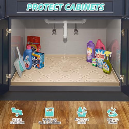 SIKADEER Waterproof Under Sink Mat 22" x 22" Silicone Mat Cabinet Protector - color: Beige, size: 22"W x 22"L