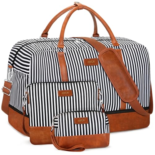 IBFUN Weekender Bags for Women, 21" Weekender Travel Bag, Travel Duffle Bag with Shoe Compartment Carry on Overnight Duffel Bag for Weekend Travel Business Trip, 3PCS - color: A2-Polyester-Black Stripe