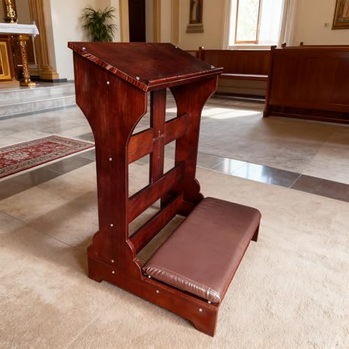 Wood Prayer Bench with Cushion – Kneeler for Home and Church, Padded Kneeling Stool with Slanted Shelf for Bible, 23" x 20" x 32.8"