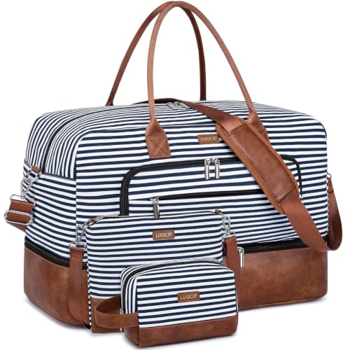 Large Women Travel Weekender Bag: Carry on Duffle with Shoe Compartment | Overnight Duffel Bags with Wet Pocket, Crossbody & Toiletry Bag, 3PCS Womens Traveling Tote Set for Hospital Gym Weekend Trip - color: Blue Striped