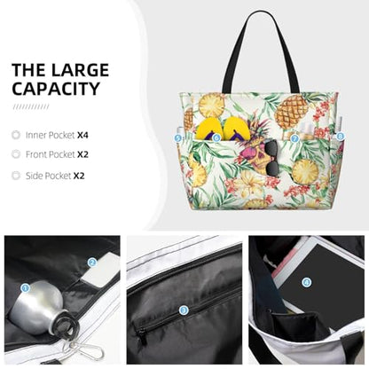 Large Beach Bag for Women Waterproof Foldable Travel Shoulder Tote Bag with Pocket for Weekender Pool Vacation - color: Pineapple Beige