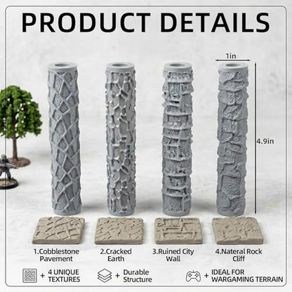 Warmtree 4 Pcs RPG Terrain Texture Roller Set Polymer Clay Texture Roller | DND Terrain Sets Texture Roller for DIY Modeling Scenic Terrain Wall Road Model Miniatures Landscape