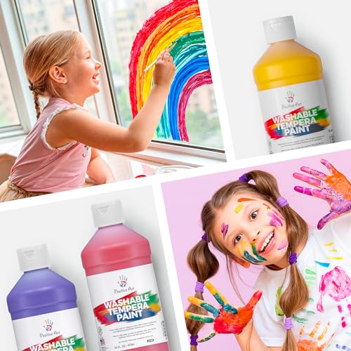 Positive Art Washable Paint for Kids, 12 Colors, 16 oz Bottles, Non-Toxic Tempera Paint Set for School and Classroom, Paraben-Free