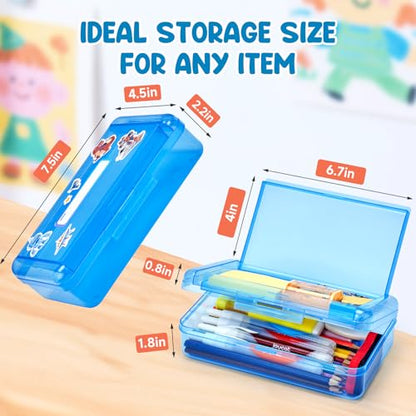 GAMENOTE Plastic Pencil Box with Personalized Sticker,Kid Hard Pencil Case with Snap-tight Lid,Small Art Craft Storage Containers,School Supplies Box for Boys,Girls (Double-Layer Blue) - color: Double-Layer Blue