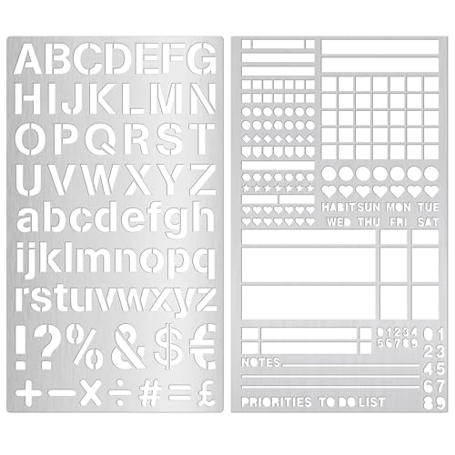 2 PCS Metal Stencils Planner Stencil for Bullet Journal Stencils,Bookmark, Planning, Lines, Habit Tracker, Templates, Tiny Letters, Small Number - size: 2PCS Journal Stencils