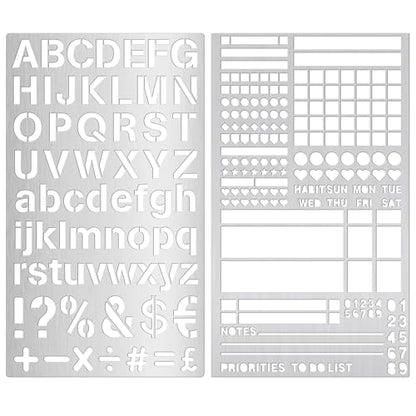 2 PCS Metal Stencils Planner Stencil for Bullet Journal Stencils,Bookmark, Planning, Lines, Habit Tracker, Templates, Tiny Letters, Small Number - size: 2PCS Journal Stencils