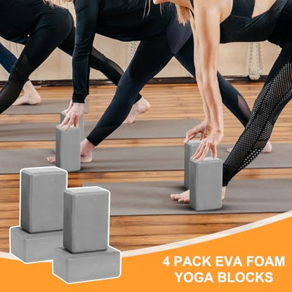 4 Pack Yoga Blocks - Premium EVA Foam Blocks for Pilates Workout, Stretching, Meditation - Yoga Brick for Flexibility, Balance, Spine Strength, Non-slip and Lightweight Exercise Blocks (Gray)