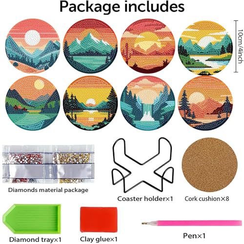 Clendo 8 Pcs Landscape Diamond Art Coasters Kit with Holder, Sunset Small Diamond Art Kits for Adults Beginners, Diamond Painting Coasters Arts and Crafts for Adults Supplies Item Sets - color: Bdwy299-us