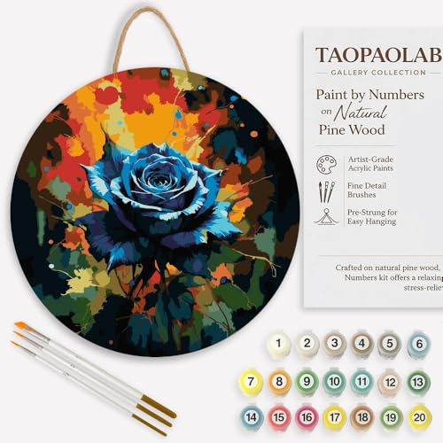 Blue Rose Paint by Numbers Kit for Adults on Wood Board – DIY Intense Blue Flower and Colorful Wood Craft Painting Kit, 12 in Round, Acrylic Paint Set, Beginner-Friendly, Relaxing Home Decor Gift - color: FM05554