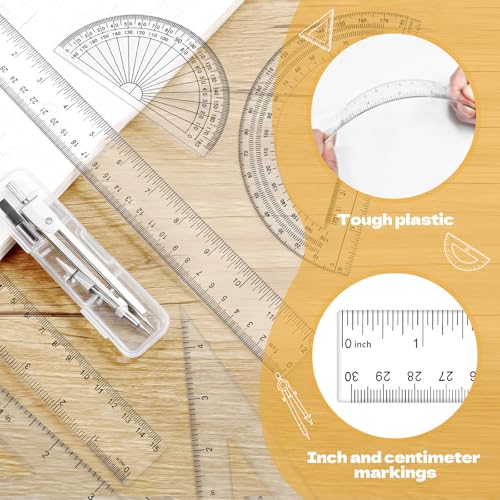 7Pcs Geometry Set-Clear Plastic Rulers,Triangle Ruler,Protractor,Compass | 12Inch & 6Inch Ruler Set for School Office Math Drawing Drafting Engineering Architecture Art