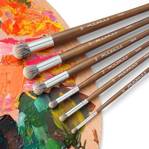 Fuumuui Professional Paint Brush Set, 6Pcs Natural Badger Hair with Dome Shape Blending Mop Oil Paint Brushes for Acrylic Painting Oil and Gouache - style: Dome