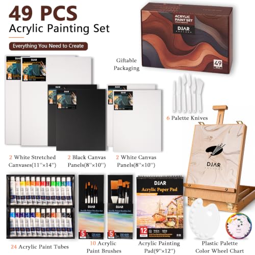 DJAR 49 Pcs Acrylic Paint Set with Tabletop Easel & Canvas, 24 Colors | Complete Art Supplies Kit with Canvas Panels, Brushes and Painting Pads, Painting Set for Kids, Beginners, Adults and artists - style: Tabletop Easel Set