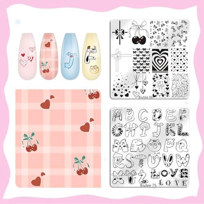 Biutee Nail Stamping Plate 15 PCS Nail Stamping Kit with Nail Stamper | Nail Art Stamping Plate with Scraper & Storage Bag, Nail Stamper Kit Star Bowknot Love Butterfly Leaf Design for DIY Nail Art - color: 19 Piece Set
