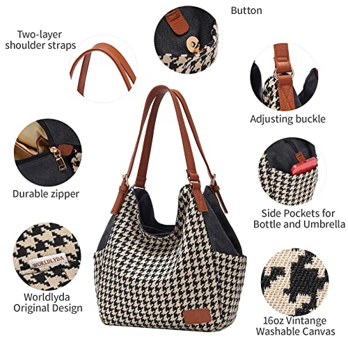 Worldlyda Women Canvas Hobo Purse Multi Pocket Tote Shopper Shoulder Bag Casual Top Handle handbag with Embroidery Ethnic - color: Be06black-houndstooth