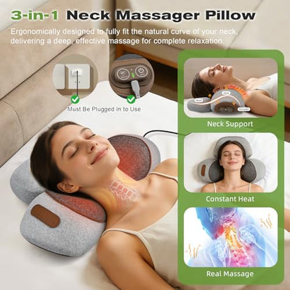 3-in-1 Neck Massager Pillow with Heat, Vibration & Gentle Traction - color: Gray