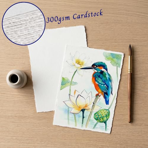 Deckled Edge Watercolor Paper 5x7 Inch, 60 Sheets 300gsm Thick Cotton Blend, Handmade Torn Edge Cards for Watercolor, Calligraphy, Wedding Invitations, DIY Crafts & Postcards