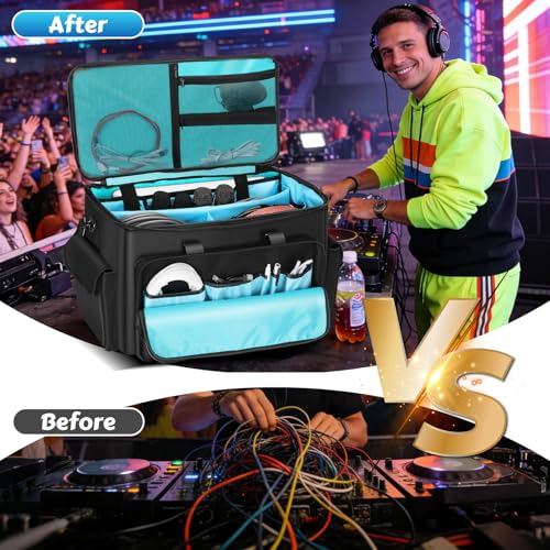 DJ Cable Bag, Rolling DJ Cable Bag with Detachable Trolley & Dividers | Large Capacity Gig Bag with Laptop Compartment, Professional Organizer Bag for Cables, Microphones, and DJ Equipment