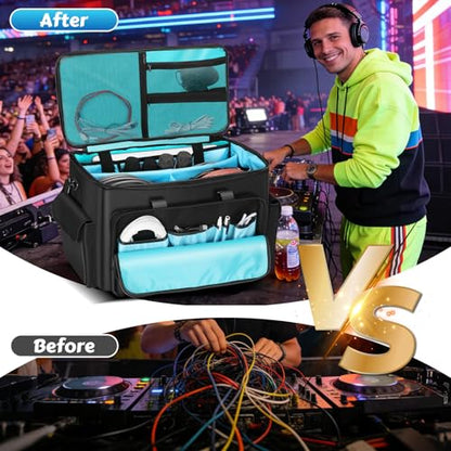 DJ Cable Bag, Rolling DJ Cable Bag with Detachable Trolley & Dividers | Large Capacity Gig Bag with Laptop Compartment, Professional Organizer Bag for Cables, Microphones, and DJ Equipment