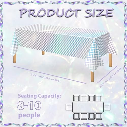 OQOQ Checkered Iridescent White Tablecloth (4 Packs), 54x108 Inches Christmas Plastic Table Cover White Silver Disposable Table Cloth for Birthday Decorations Winter Annivesary Wedding Party Supplies - color: White Checkered
