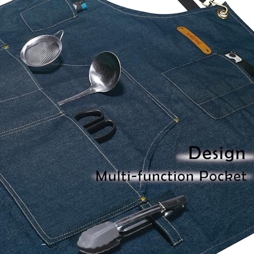 Professional Unisex Chef Apron – Cross-Back, Large Pockets, Water-Resistant Cotton Canvas - color: Navy Denim