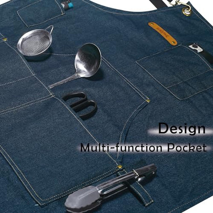 Professional Unisex Chef Apron – Cross-Back, Large Pockets, Water-Resistant Cotton Canvas - color: Navy Denim