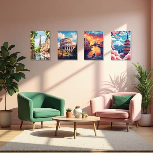 obterie 4 Pack Framed Paint by Numbers Kit for Adults Beginner Canvas Painting by Numbers for Adults Landscapes Easy Adult Paint by Number Kits with Frame City Watercolor Painting by Number 8x12 Inch - color: YFc0104