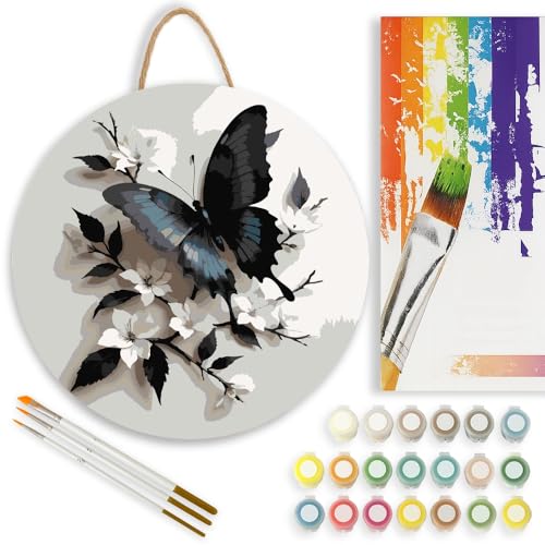 Nature Paint by Numbers Kit for Adults on Wood Board – DIY Black Butterfly and White Flowers Wood Craft Painting Kit, 12 in Round, Acrylic Paint Set, Beginner-Friendly, Relaxing Home Decor Gift - color: TCXY05206