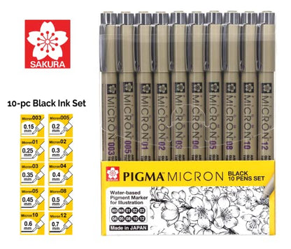 Sakura Pigma Micron fineliner pen 10 piece black ink colour drawing set