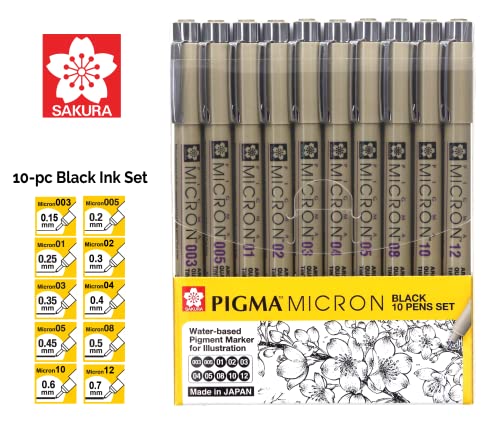 Sakura Pigma Micron fineliner pen 10 piece black ink colour drawing set